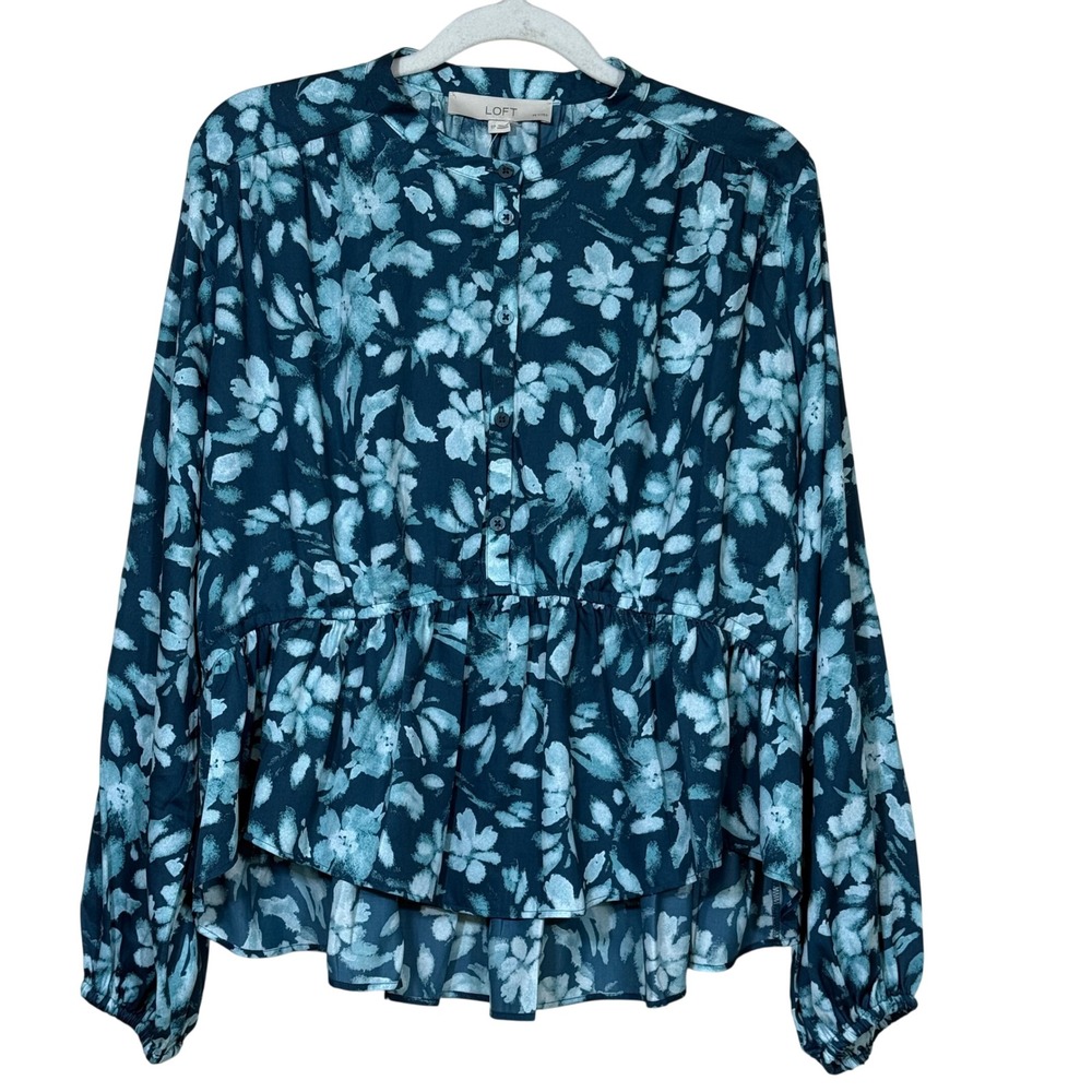LOFT Floral Gathered Peplum Blouse 8 Petite Deep Forest Green - Picture 2 of 11
